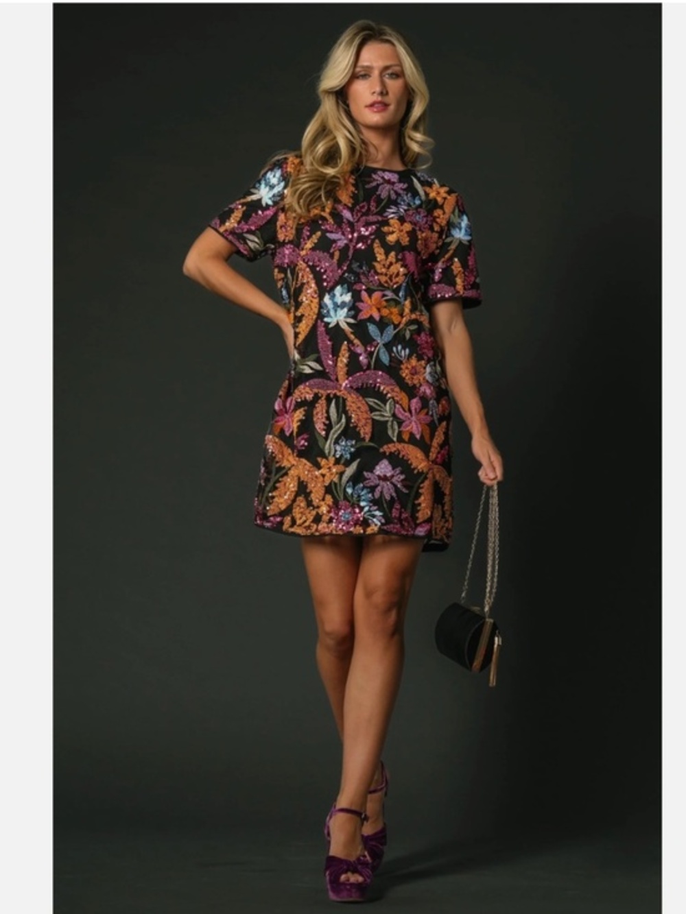 Baltic Born Patricia Floral Embroidered Sequin Mini Cocktail Dress S